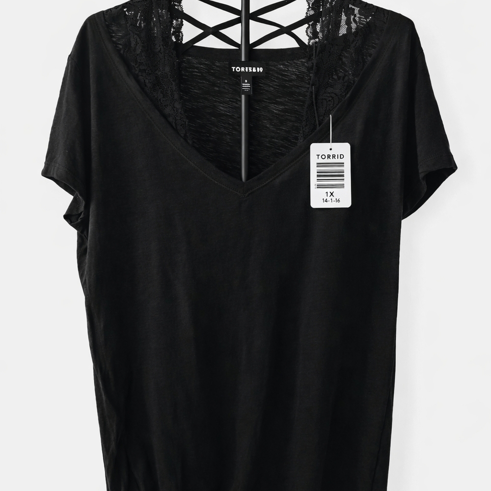 Torrid Black V-Neck Lace Accent Tee